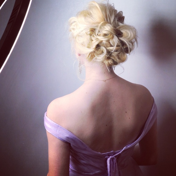 Lavender, off the shoulder dress with a lace-up back & tiered tulle. Worn once. - Picture 3 of 8